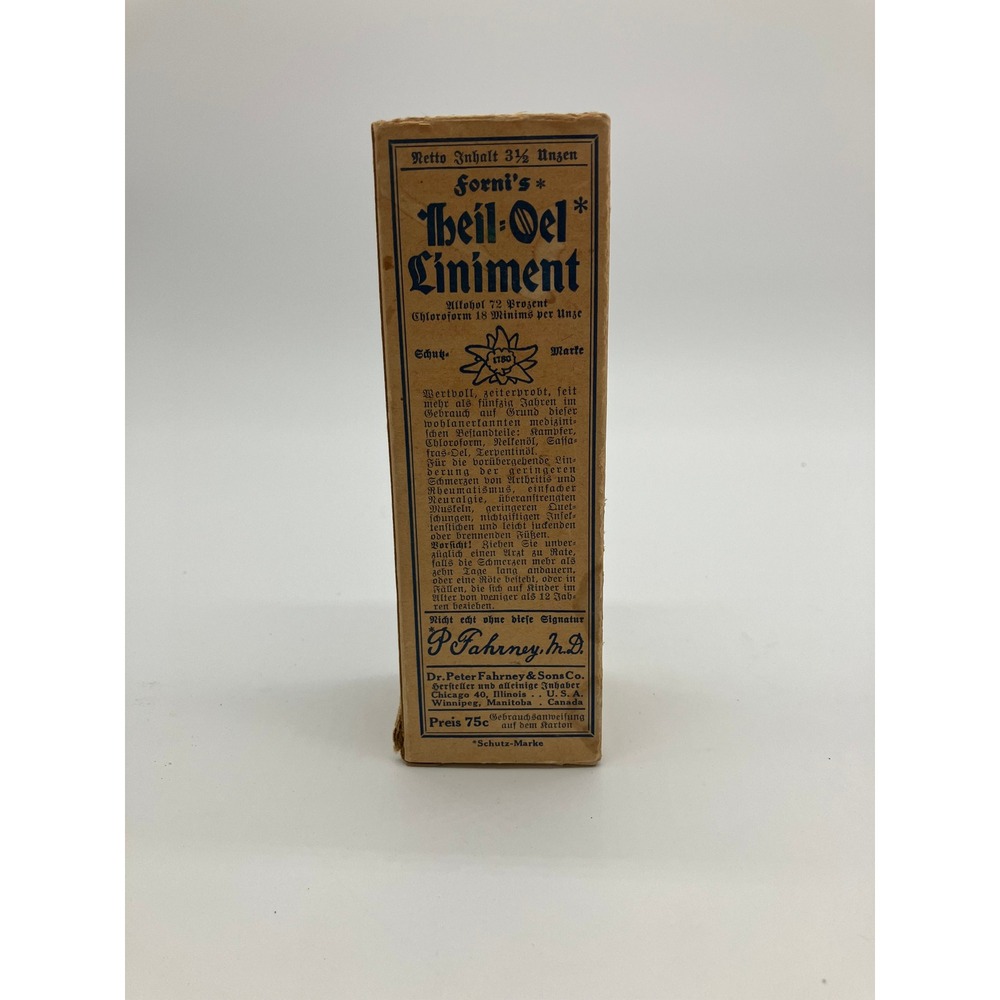 Vintage Forni's Heil-Oel Liniment Bottle Dr Peter Fahrney‎ & Sons Chicago